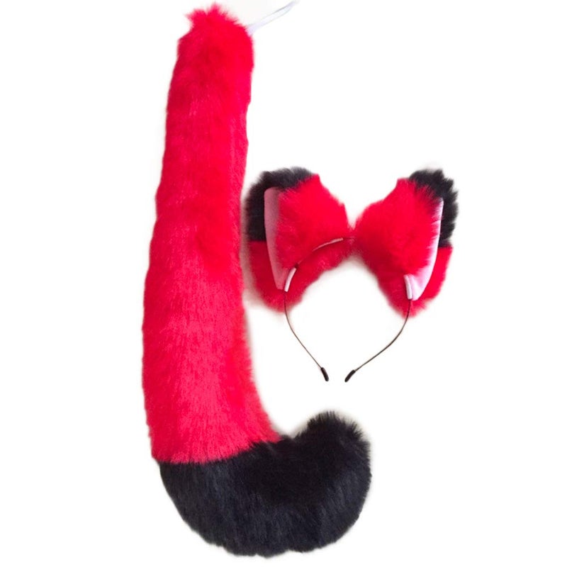 Song Qing Party Cosplay Costume Fox Ears Faux Fur Hair Hoop Headband + Tail Set for Women (Red Black)